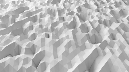 Wireframe of abstract polygonal mountains shape. Rough white floor pattern texture in technology concept. Sci-Fi data futuristic background. 3d illustrationの写真素材