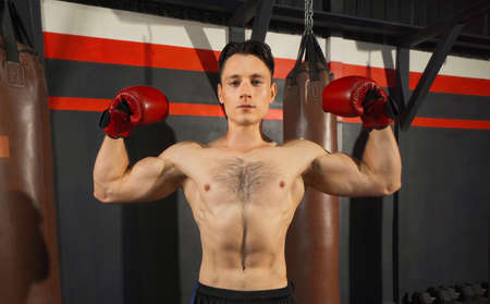 Portrait of strong caucasian man posing muscles, punching combat punches in boxing sport club...