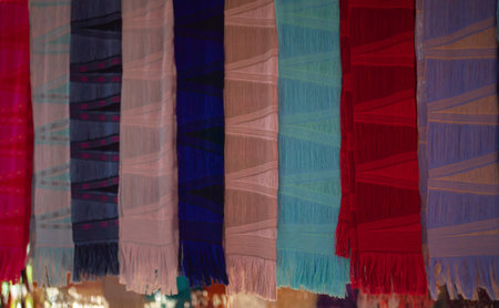 Colorful vintage Thai fabric pattern surface texture. Close-up of clothes material for design...