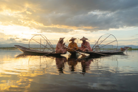 Burmese fisherman casting or throwing a net for catching freshwater fish in Unle lake, natural river in Asia in Myanmar. People lifestyle.の写真素材