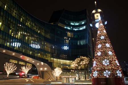 Midnight Light and Christmas Tree at Sarang Church in Seoul, Koreaの写真素材