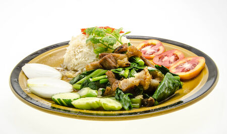 Stir-fried kale with crispy pork and riceの写真素材