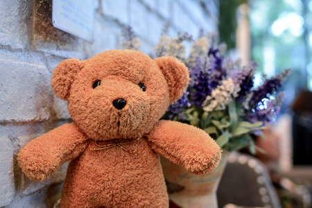 Teddy bear with vintage blur flower and bokeh backgroundの写真素材
