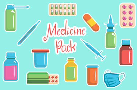 Medicine bottles collection. Drugs, tablets, capsules and sprays Vector illustrationのイラスト素材