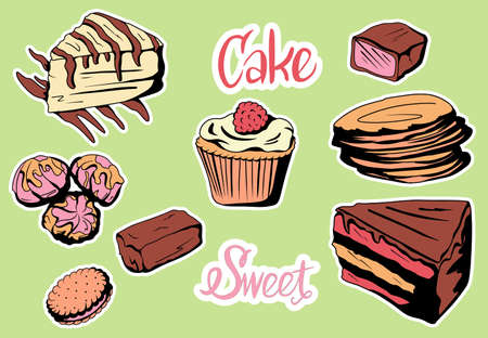 Vector set.Set of colorful delicious slices of cakes, slices of pies and other baking dessertsのイラスト素材