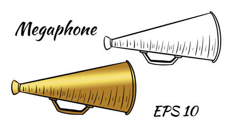 Illustration of a megaphone, loud speaker. Cartoon style. Isolated over white background.のイラスト素材