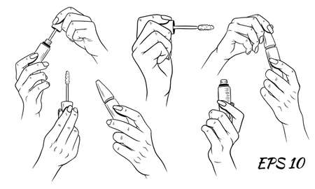 Mascara in hands. Cosmetics for women. Cartoon style. Set of vector illustrations.のイラスト素材