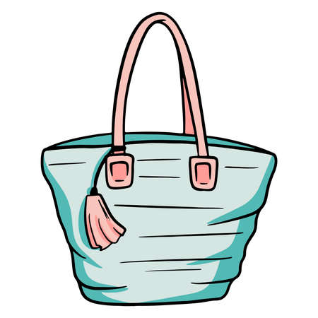 Women's beach bag. Large travel bag. Things you need on the beach. Cartoon style. Illustrations for design and decoration.のイラスト素材