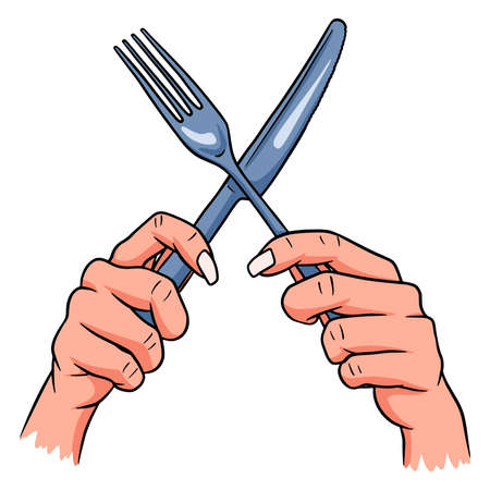 Cutlery in hands. A restaurant. Cutlery for food in hand. Cartoon style.のイラスト素材