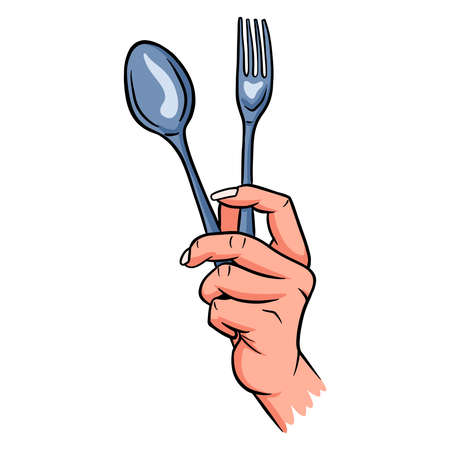 Cutlery in hands. A restaurant. Cutlery for food in hand. Cartoon style.のイラスト素材