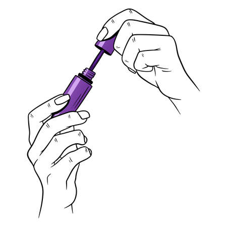 Women's cosmetics. Mascara in female hands. Face cosmetics. Cartoon style. Illustration for design and decoration.のイラスト素材