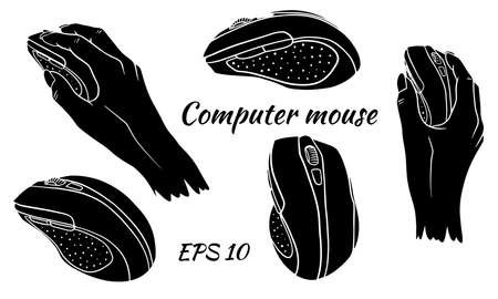 Computer mouse. Set. Silhouette. Computer mouse in hand. Vector illustration for design and decoration.のイラスト素材
