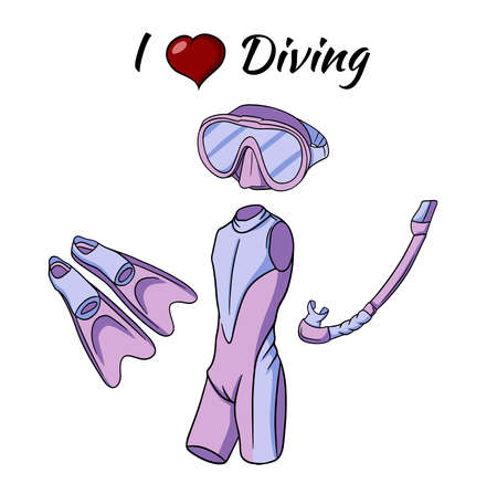 A set of things for diving. Mask, wet suit, fins, breathing tube. Collection for underwater sports. Cartoon style. Vector illustration for design and decoration.のイラスト素材