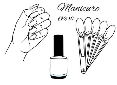 Manicure set. Hand with nails, nail polish palette. A bottle of varnish. Line style.のイラスト素材