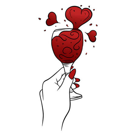 Valentine's day card. Female hand with a glass of wine and mud in the form of hearts.のイラスト素材