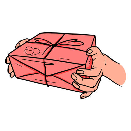 Gift in hand. A gift in a festive package. Cartoon style. Vector illustration for design and decoration.のイラスト素材