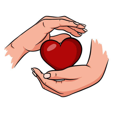 It is canceled for Valentine Day. Hands are holding a red heart. Isolated illustration.のイラスト素材