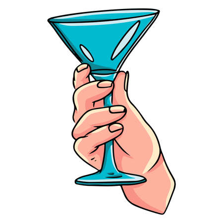 Cocktail glass in hand. Martini glass in a woman's hand. Cartoon style. Illustration for design and decoration.のイラスト素材