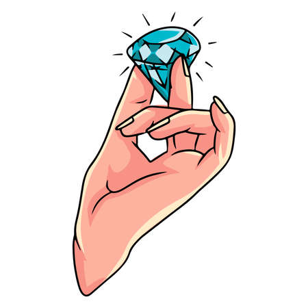 Diamond in hand, precious stone in hand. Stone analysis. Cartoon style. Illustration for design and decoration.のイラスト素材