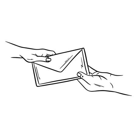 Package. Post office. Envelope in hand. Delivery. Cartoon style. Vector illustration for design and decoration.のイラスト素材