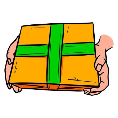 Package. Post office. Box in hand. Delivery. Cartoon style. Vector illustration for design and decoration.のイラスト素材