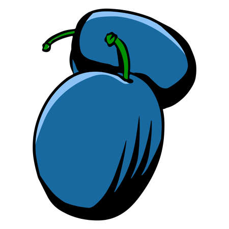 Plums. Two plums. Fruits. Healthy food. Vitamins. Cartoon style. Vector illustration for design and decoration.のイラスト素材