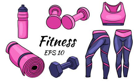 Fitness set. Clothes, dumbbells and a mat for sports and yoga. Isolated illustration for design and typography.のイラスト素材