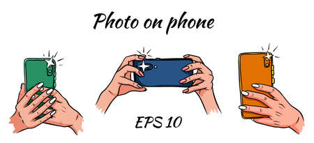 Photos on the phone. Phone in hand. Selfie. Cartoon style. Illustration for design and decoration.のイラスト素材