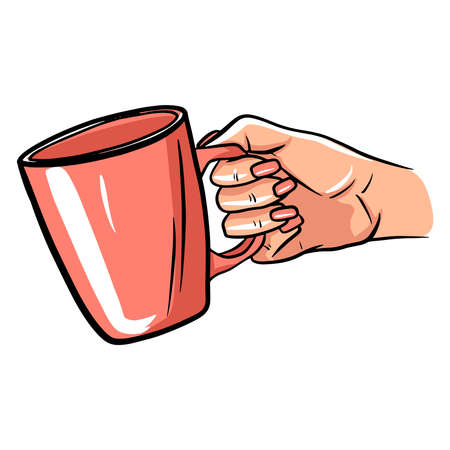 Cup with tea in hand. A fragrant cup of tea for breakfast. A restaurant. Cartoon style. Isolated vector illustration for design and decoration.のイラスト素材