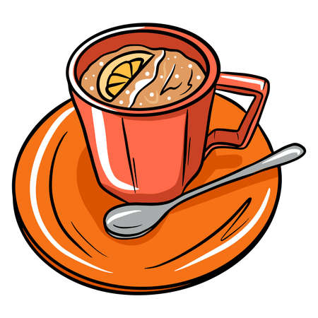 Coffee in a mug. Coffee with milk in a mug. Cafe. A restaurant. Cartoon style. Vector illustration for design and decoration.のイラスト素材