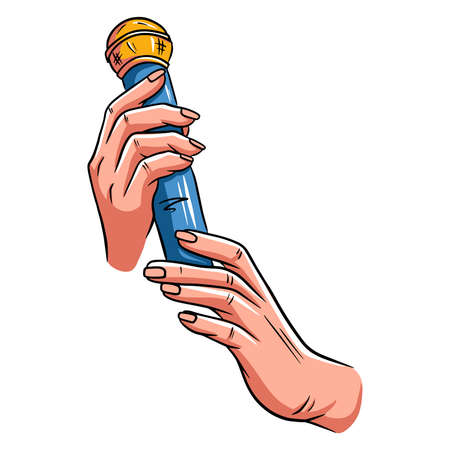 Microphone. Sound. Increase the volume of your voice. Microphone in hand. Cartoon style. Vector illustration for design and decoration.のイラスト素材