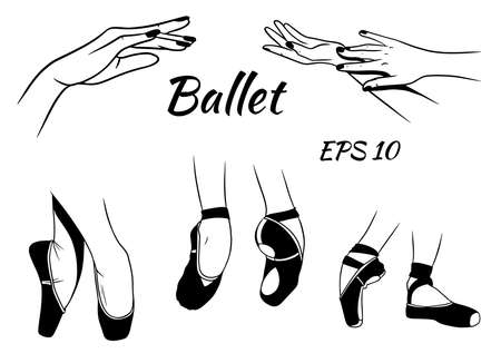 Ballet. Pointe shoes on the legs. Graceful hand gestures. Ballerina. Silhouette. Vector illustration for the decoration of ballet studios. For design.のイラスト素材