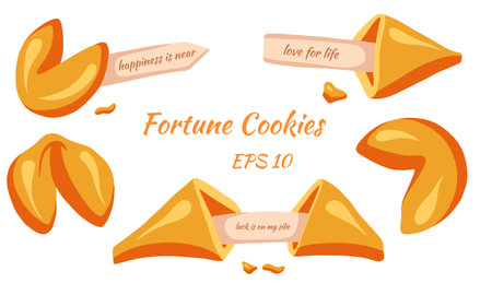 Sweet. Luck. Fortune cookie set. Cartoon style. Vector illustration for cafe design. Design of postcards and banners.のイラスト素材