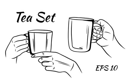 A cup of tea in the hands of a woman. Brewed tea bags. Coffee in a cup. Time relax. Sketch style Isolated on background.のイラスト素材