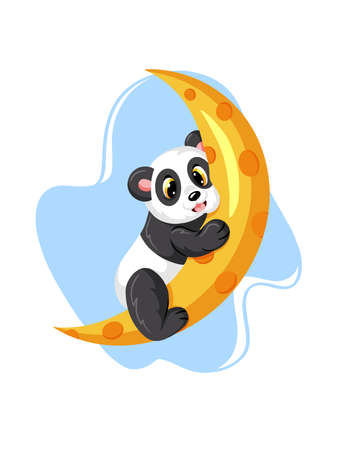 Animal characters. Funny panda on a yellow moon. Cartoon style. For illustrating books. Children's illustration.のイラスト素材