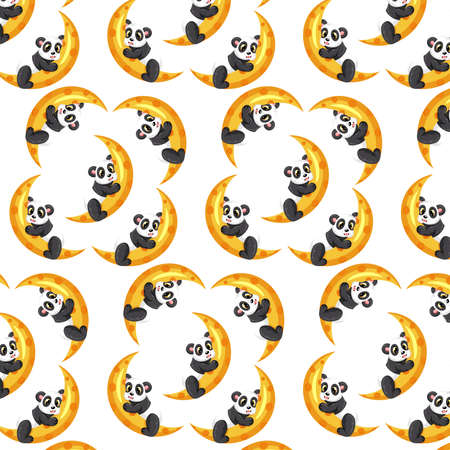 Animal characters. Funny panda on a yellow moon. Seamless pattern. Cartoon style. For illustrating books. Children's illustration.のイラスト素材