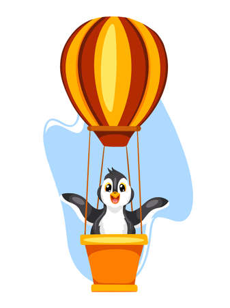 Animal characters. Funny penguin in a hot air balloon. Cartoon style. For illustrating books. Children's illustration.のイラスト素材