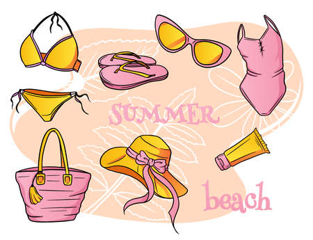 Womens summer beach essentials in cartoon styleのイラスト素材