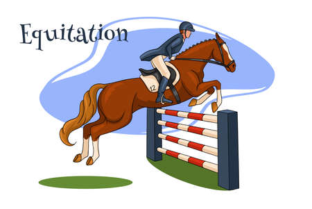 Horseback riding. Show jumping. A woman in a competition jumps on a horse over an obstacle. Cartoon style.のイラスト素材