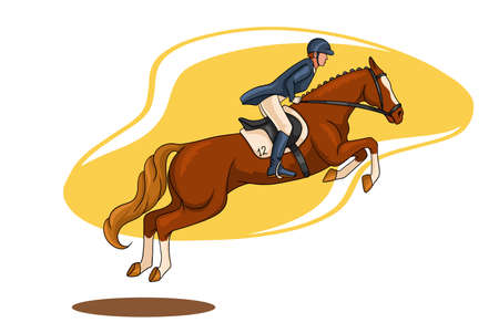 Horseback riding. Show jumping. A woman in a competition jumps on a horse. Cartoon style.のイラスト素材