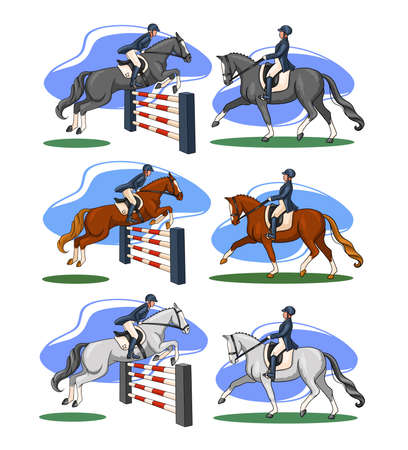 Horseback riding. Dressage and show jumping. Set. A woman riding a horse performs a dressage element and jumps over an obstacle.のイラスト素材