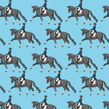 Horseback riding. Seamless pattern. Pattern with horses. Woman riding a horse. Cartoon style. For design and decoration.のイラスト素材