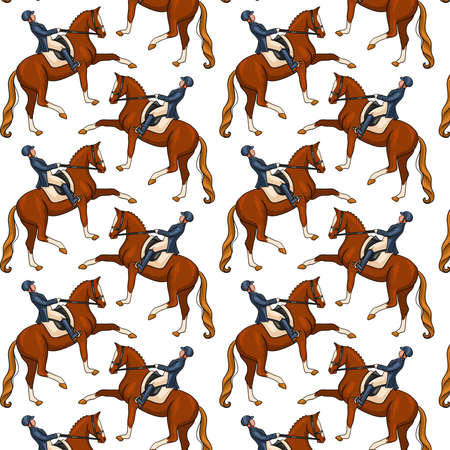 Horseback riding. Seamless pattern. Pattern with horses. Woman riding a horse. Cartoon style. For design and decoration.のイラスト素材