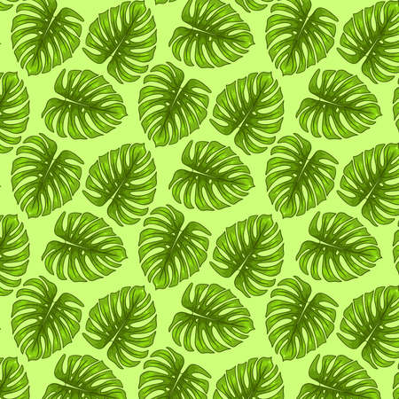 Tropical seamless pattern with exotic leaves in cartoon style. Bright summer print for design and background.のイラスト素材