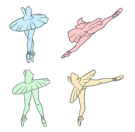 Ballet set. Ballerina in pointe shoes and a tutu. Dancer's legs. Line art. Vector illustration for design and decoration.のイラスト素材