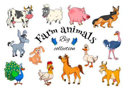 Farm animals characters big set of cartoon rural animals. Horse, pig, duck, chicken, hare, ostrich, cow, goat, peacock, donkey, sheep, dog. Children's illustration. For decoration and design.のイラスト素材