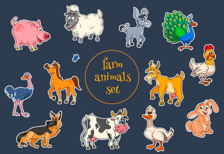 Farm animals characters big set of cartoon rural animals. Horse, pig, duck, chicken, hare, ostrich, cow, goat, peacock, donkey, sheep, dog. Children's illustration. For decoration and design.のイラスト素材
