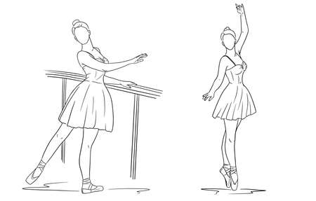 Ballerina in dress and pointe shoes. Line style. Dancer. Vector illustration for design and decoration.のイラスト素材