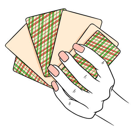 Gambling. Playing cards in hand. Casino, luck, fortuna. Six cards face down. Cartoon style. Vector illustration for design and decoration.のイラスト素材