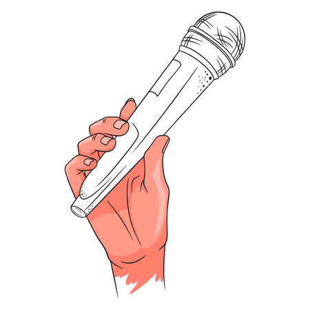 Music. Microphone in hand. A tool for increasing the sound. Cartoon style. Vector illustration for design and decoration.のイラスト素材